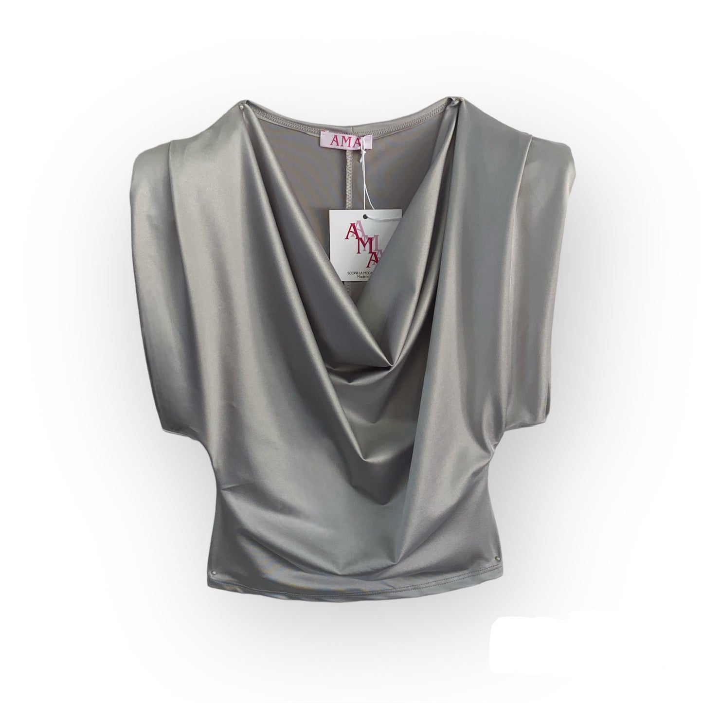 Blusa In Raso Argento Con Scollo a V Profondo